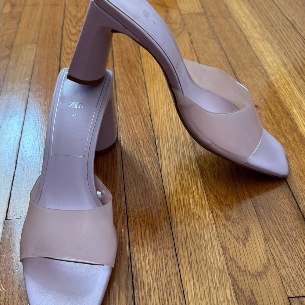 Zara Blush pink translucent front square toe block Heel sandals wedge, size 8.5